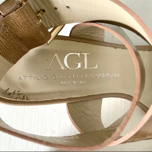 Agl Nude Patent Leather Lizard Embossed Ankle Wrap Wedge Sandal 38 1/2 - Picture 9 of 12